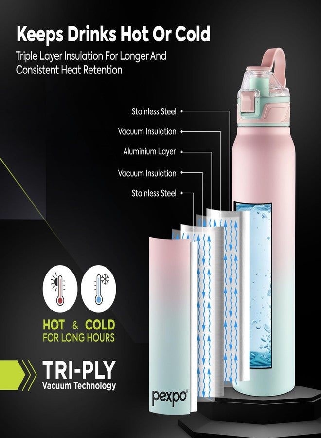 Pexpo Amaze 1000 ISI Certified Stainless Steel Vacuum Insulated Flask - 940ml | Double Wall | Flip Top Cap | Hot & Cold Water Bottle for Adults | Ideal for Home, Office, Gym, Outdoor - Pink&Green - Image 3